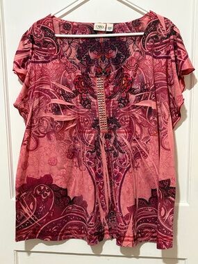 Cato Pink Paisley-Print Short Sleeve Top with Stud Accent